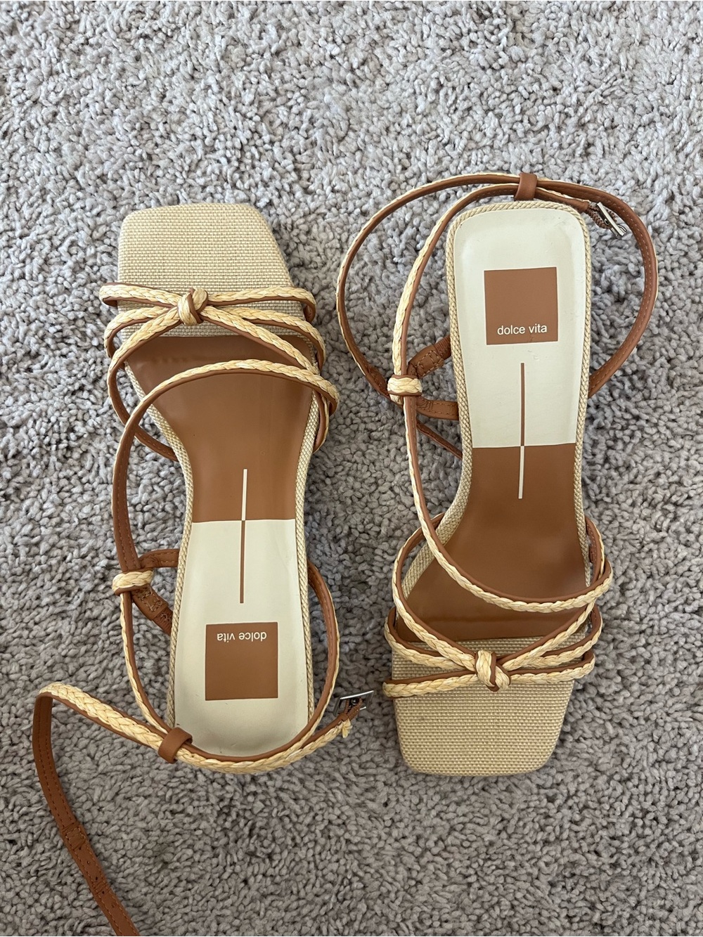 Dolce Vita Tan and Beige Braided Strap Heeled Sandals